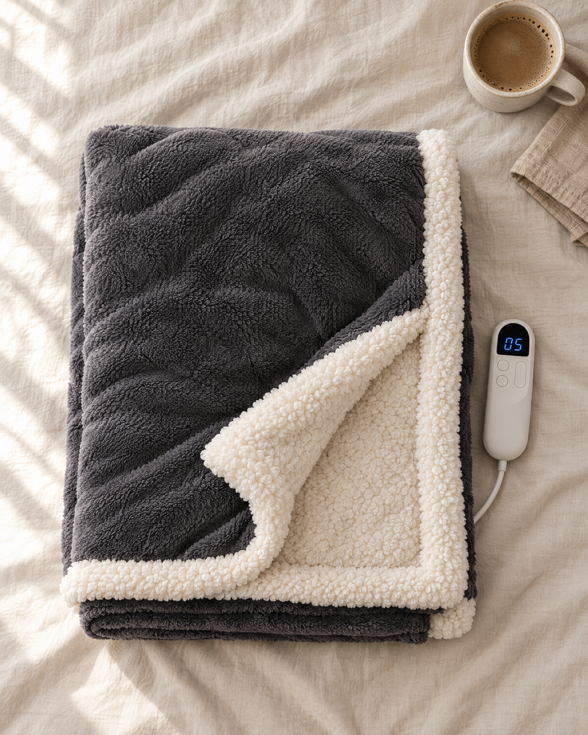 Wearable Heated Blanket folded on a bed with its handheld controller, seen from above