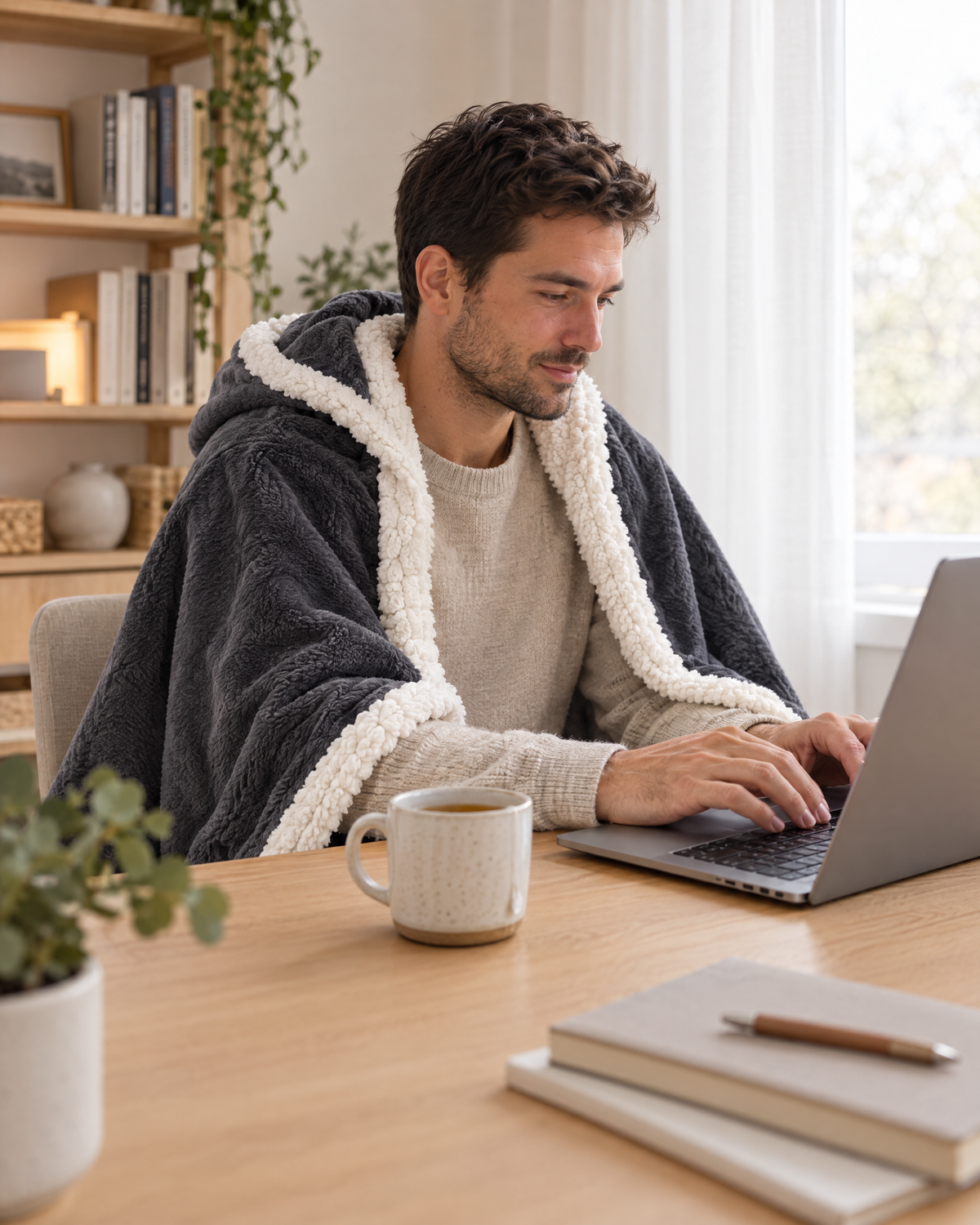 Man wearing the Wearable Heated Blanket over his shoulders while working at a desk