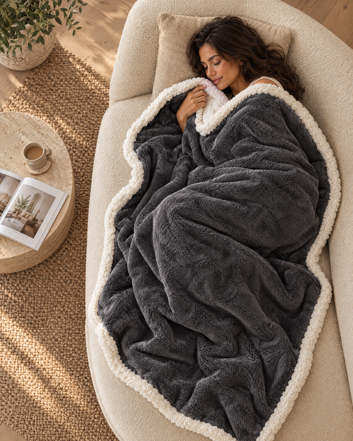 Woman resting on a sofa under the Wearable Heated Blanket, seen from above